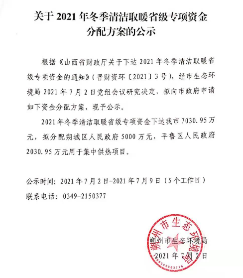 关于2021年冬季清洁取暖省级专项资金分配方案的公示