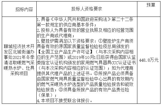 聊城经济技术开发区北城街道办事处2021年冬季清洁取暖燃气采暖热水炉、灶具采购项目招标公告