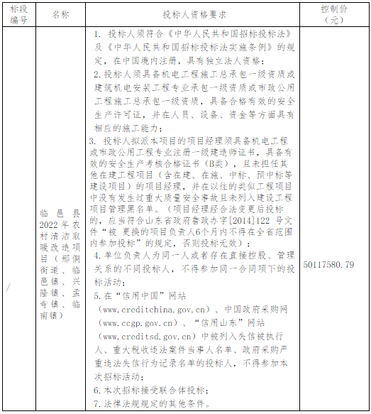 山东省德州市临邑县2022年农村清洁取暖改造项目（邢侗街道、临邑镇、兴隆镇、孟寺镇、临南镇）约14986户招标公告