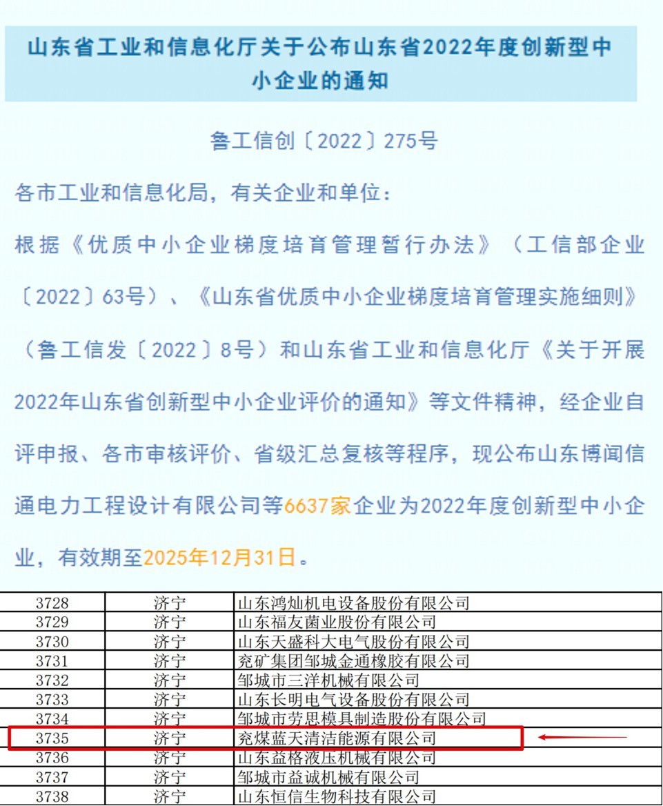 兖煤蓝天入选山东省2022年度创新型中小企业名单